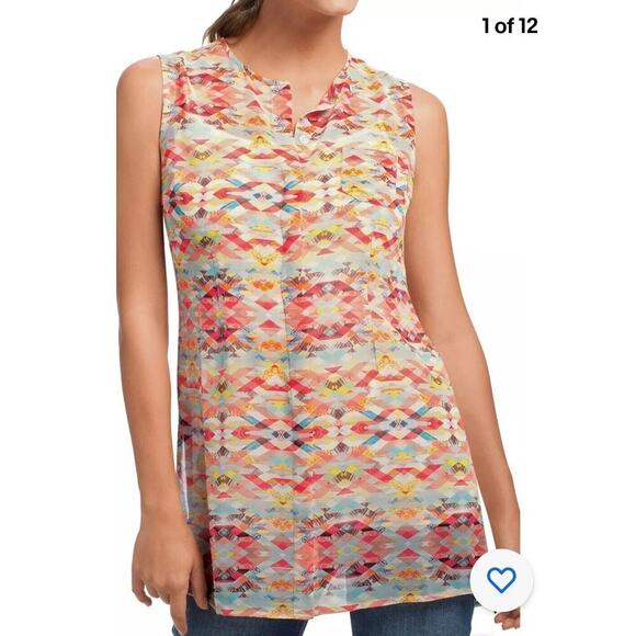 Cabi Avery Multicolor Round Neck Sleeveless Sheer Button Front Tunic Size Medium - Picture 14 of 14